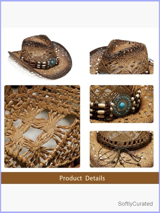 Unisex Wide Brim Straw Cowboy Hat with Decorative Bands